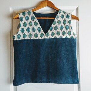 Meditation Pure Cotton Teal Stripe Sleeveless V-Neck Crop Top